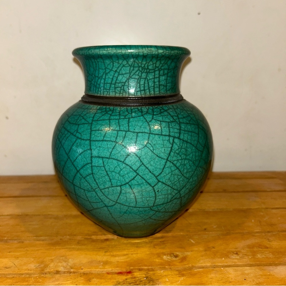 Vintage Robbrecht Troost  Hand Thrown Turquoise Blue Glazed Raku Pottery Vase